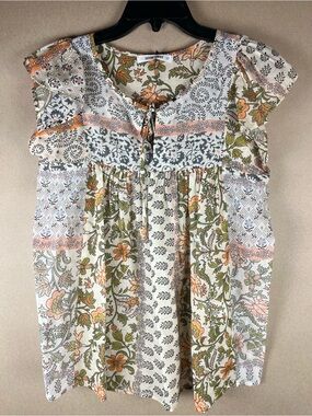 Self Contrast NWT Boho Floral Ruffle Sleeve Tie Neck Top XS Cotton Made in USA